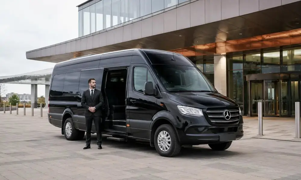 Black executive passenger van at a convention centre